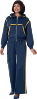 Sharz B. London <br> (Fall 2026) <br> SBL8302 <br> <br> Navy/Gold <br> S M L XL 1x 2x 3x<br><br>Hooded Zip Jacket & Pant Set With Gold Rhinestone Trim <br>