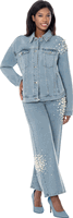 Sharz B. London <br> (Fall 2026) <br> SBL8312 <br> <br> Denim <br> S M L XL 1x 2x 3x<br><br>Pearl-embellished Denim Jacket & Pant Set <br>