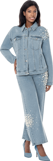 Sharz B. London <br> (Fall 2026) <br> SBL8312 <br> <br> Denim <br> S M L XL 1x 2x 3x<br><br>Pearl-embellished Denim Jacket & Pant Set <br>