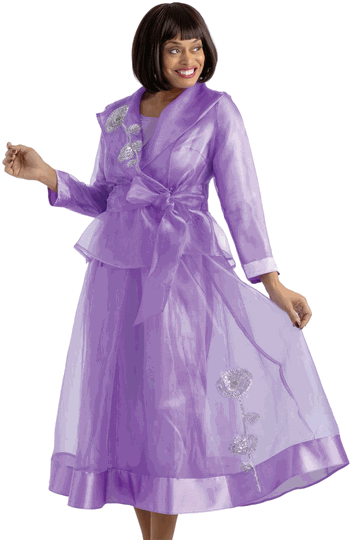 Sharz B.  <br> (Summer 2026) <br> SBL8003 <br> <br> LAVENDER <br> 8 10 12 14 16 18 20 22 24<br><br>Sheer overlay three piece skirt set with rhinestone flower trim, cami and sash tied jacket <br>