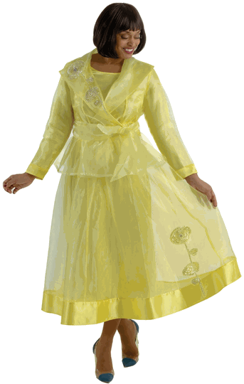 Sharz B.  <br> (Summer 2026) <br> SBL8003 <br> <br> YELLOW <br> 8 10 12 14 16 18 20 22 24<br><br>Sheer overlay three piece skirt set with rhinestone flower trim, cami and sash tied jacket <br>