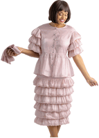 Sharz B.  <br> (Summer 2026) <br> SBL8012 <br> <br> DUSTY-PINK <br> 8 10 12 14 16 18 20 22 24<br><br>Tiered skirt set with peplum short sleeve blouse and rhinestone buttons <br>