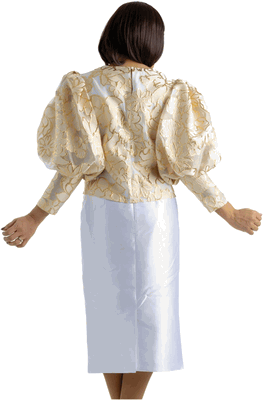 Sharz B. <br> (Summer 2026) <br> SBL8022 <br> <br> GOLD <br> 8 10 12 14 16 18 20 22 24<br><br>Skirt set with gold flower mutton sleeve top and gold embroidered skirt <br> Sharz B. <br> (Summer 2026) <br> SBL8022 <br> <br> GOLD <br> 8 10 12 14 16 18 20 22 24<br><br>Skirt set with gold flower mutton sleeve top and gold embroidered skirt <br>