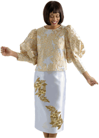Sharz B.  <br> (Summer 2026) <br> SBL8022 <br> <br> GOLD <br> 8 10 12 14 16 18 20 22 24<br><br>Skirt set with gold flower mutton sleeve top and gold embroidered skirt <br>