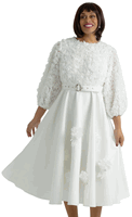 Sharz B.  <br> (Summer 2026) <br> SBL8031 <br> <br> WHITE <br> 8 10 12 14 16 18 20 22 24<br><br>3D flowers midi dress with balloon sleeves and belt <br>