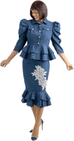 Sharz B.  <br> (Summer 2026) <br> SBL8042 <br> <br> NAVY <br> 8 10 12 14 16 18 20 22 24<br><br>Light denim mermaid skirt set with peplum and flower embroidery <br>