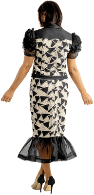 Sharz B.  <br> (Summer 2026) <br> SBL8062 <br> <br> BLACK <br> 8 10 12 14 16 18 20 22<br><br>Embroidery pattern skirt set with organza ruffle hem and sleeves <br>