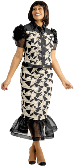 Sharz B.  <br> (Summer 2026) <br> SBL8062 <br> <br> BLACK <br> 8 10 12 14 16 18 20 22<br><br>Embroidery pattern skirt set with organza ruffle hem and sleeves <br>