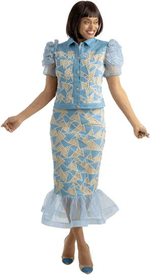 Sharz B.  <br> (Summer 2026) <br> SBL8062 <br> <br> LIGHT-BLUE <br> 8 10 12 14 16 18 20 22<br><br>Embroidery pattern skirt set with organza ruffle hem and sleeves <br>