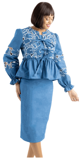 Sharz B.  <br> (Summer 2026) <br> SBL8073 <br> <br> BLUE <br> 10 12 14 16 18 20 22 24<br><br>ight denim skirt set with peplum and tie top <br>