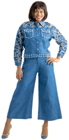 Sharz B.  <br> (Summer 2026) <br> SBL8082 <br> <br> INDIGO <br> 8 10 12 14 16 18 20 22<br><br>Light denim wide leg pants set with embellished jacket <br>