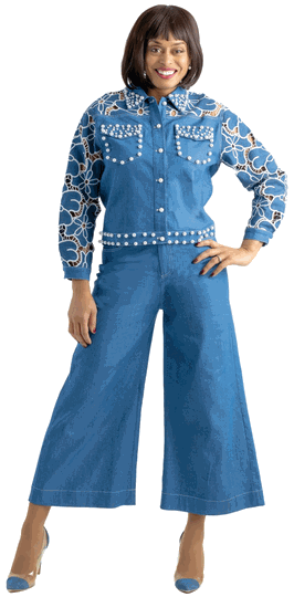 Sharz B.  <br> (Summer 2026) <br> SBL8082 <br> <br> INDIGO <br> 8 10 12 14 16 18 20 22<br><br>Light denim wide leg pants set with embellished jacket <br>