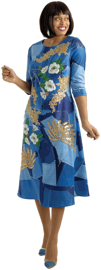 Sharz B.  <br> (Summer 2026) <br> SBL8101 <br> <br> BLUE <br> 8 10 12 14 16 18 20 22 24<br><br>Denim patchwork midi dress with flower and gold trim <br>