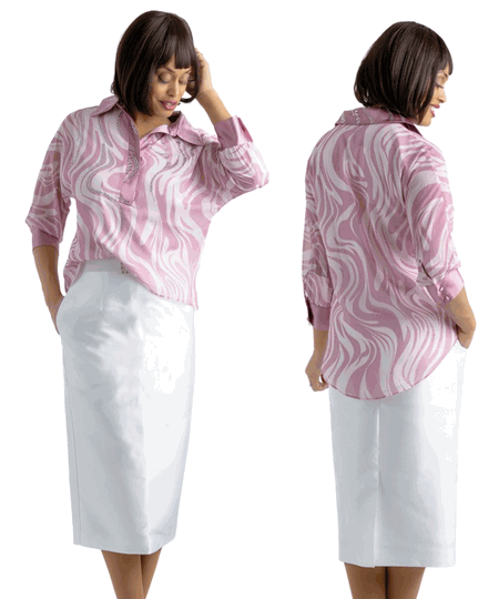 Sharz B.  <br> (Summer 2026) <br> SBL8112 <br> <br> DUSTY-PINK/WHITE <br> 8 10 12 14 16 18 20 22 24<br><br>Print belted collared blouse and solid skirt set <br>