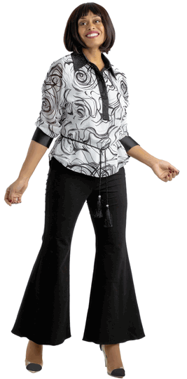 Sharz B.  <br> (Summer 2026) <br> SBL8122 <br> <br> BLACK/WHITE <br> 8 10 12 14 16 18 20 22 24<br><br>Flare pants with print blouse and thin belt <br>