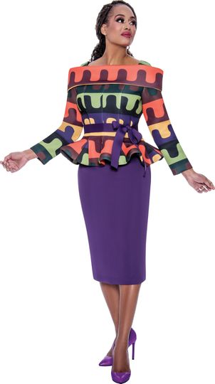 Stellar Looks <br> (Spring 2025) <br> SL1902 <br> <br> Purple/Multi <br> 8 10 12 14 16 18 <br>  16w 18w 20w 22w 24w 26w<br><br>Scuba Print with Belt