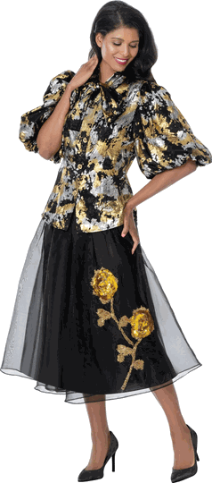 Stellar Looks <br> (Fall 2026) <br> SL601102 <br> <br> Black-Gold-Silver <br> 8 10 12 14 16 18 20 22 24<br><br>Metallic Flocking <br> 2 Piece Skirt Suit