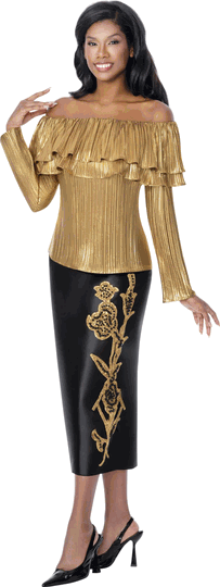 Stellar Looks <br> (Fall 2026) <br> SL601152 <br> <br> Gold/Black <br> 8 10 12 14 16 18 20 22 24<br><br>Pleats & Twill, Elastic Shoulder Can Be Worn Up Or Down <br> 2 Piece Skirt Suit
