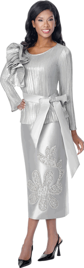 Stellar Looks <br> (Fall 2026) <br> SL601162 <br> <br> Silver <br> 8 10 12 14 16 18 20 22 24<br><br>Metallic Pleat & Twill <br> 2 Piece Skirt Suit
