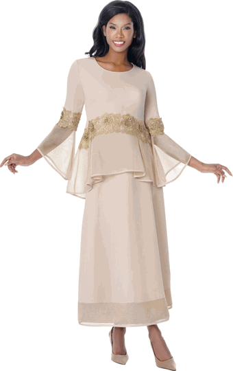 Stellar Looks <br> (Fall 2026) <br> SL601182-Ch <br> <br> Champagne/Gold <br> 8 10 12 14 16 18 20 22 24<br><br>Crepe & Mesh <br> 2 Piece Skirt Suit