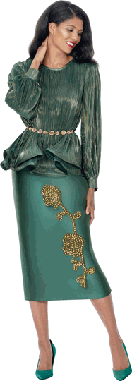 Stellar Looks <br> (Fall 2026) <br> SL601232 <br> <br> Green <br> 8 10 12 14 16 18 20 22 24<br><br>Metallic Pleat & Twill <br> 2 Piece Skirt Suit