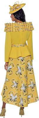 Stellar Looks <br> (SALE) <br> SL1502 <br> <br> YELLOW/WHITE <br> 22w 24w 26w<br><br>Scuba Skirt Suit With Accordion Collar <br> 2 Piece Skirt Suit