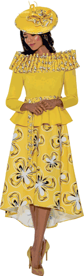 Stellar Looks <br> (SALE) <br> SL1502 <br> <br> YELLOW/WHITE <br> 22w 24w 26w<br><br>Scuba Skirt Suit With Accordion Collar <br> 2 Piece Skirt Suit