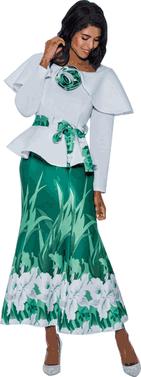 Stellar Looks <br> (SALE) <br> SL1572 <br> <br> GREEN <br> 8 22w 24w<br><br>Scuba Skirt Suit with Peplum Jacket and Sash Belt <br> 2 Piece Skirt Suit