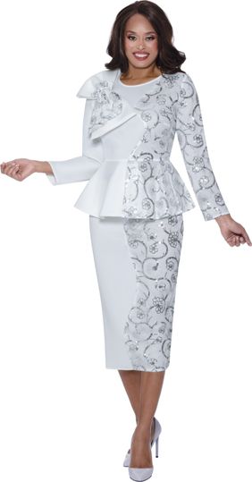 Stellar Looks <br> (Fall 2025) <br> SL600502 <br> <br> White/Silver <br> 8 10 12 14 16 18 <br>  16w 18w 20w 22w 24w 26w<br><br>Scuba <br> 2 Piece Skirt Suit