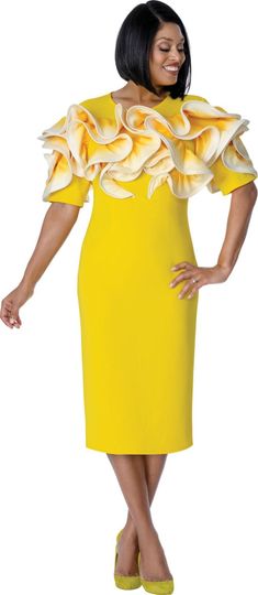 Stellar Looks <br> (Spring 2026) <br> SL600981 <br> <br> Yellow/White <br> 8 10 12 14 16 18 <br>  16w 18w 20w 22w 24w 26w<br><br>Scuba <br> 1  Piece Dress