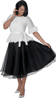 Stellar Looks <br> (Spring 2026) <br> SL601033 <br> <br> White/Black <br> 8 10 12 14 16 18 <br>  16w 18w 20w 22w 24w 26w<br><br>Pleat + Organza <br> 3 Piece Skirt Suit