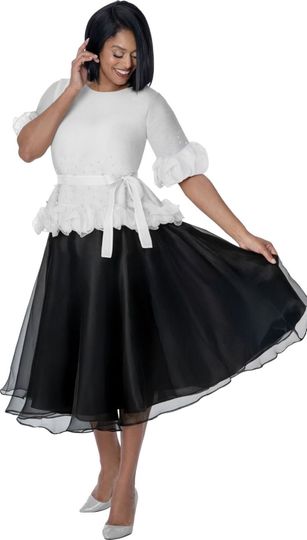 Stellar Looks <br> (Spring 2026) <br> SL601033 <br> <br> White/Black <br> 8 10 12 14 16 18 <br>  16w 18w 20w 22w 24w 26w<br><br>Pleat + Organza <br> 3 Piece Skirt Suit