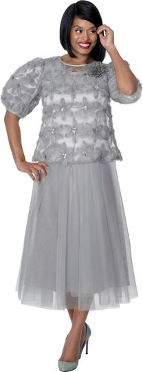 Stellar Looks <br> (Spring 2026) <br> SL601043 <br> <br> Light-Silver <br> 8 10 12 14 16 18 <br>  16w 18w 20w 22w 24w 26w<br><br>Novelty 3D + Mesh <br> 3 Piece Embellished Top, Removale Flower, Skirt
