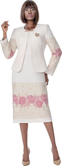 Susanna <br> (Spring 2026) <br> s3000 <br> <br> Cream <br> 8 10 12 14 16 18 20 22 <br> 2 Piece Jacket & Dress Floral pattern print design & Rhinestone Brooch