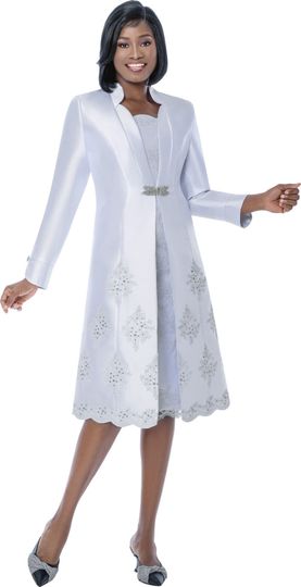 Susanna <br> (Spring 2026) <br> s3038 <br> <br> White  <br>  Lilac  <br>  Gold  <br>  Mauve <br> 10 12 14 16 18 20 22 <br> 2 Piece Jacket & Dress Rhinestone Trims & Rhinestone Brooch Jacket Closure