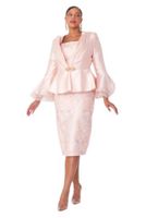 Tally Taylor <br> (2025) <br> TT4892 <br> <br> Peach <br> 8 10 12 14 16 18 20 22 24<BR><BR>Elegant Lace Peplum Skirt Suit, Delicate Ruffle Sleeves, Pencil Skirt w/Floral Lace Detailing