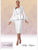 Tally Taylor <br> (2025) <br> TT4892 <br> <br> White <br> 8 10 12 14 16 18 20 22 24<BR><BR>Elegant Lace Peplum Skirt Suit, Delicate Ruffle Sleeves, Pencil Skirt w/Floral Lace Detailing