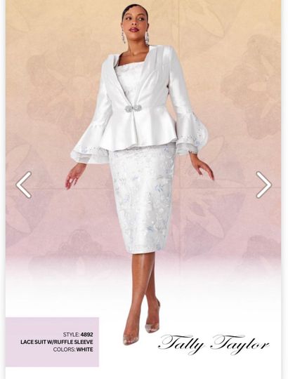 Tally Taylor <br> (2025) <br> TT4892 <br> <br> White <br> 8 10 12 14 16 18 20 22 24<BR><BR>Elegant Lace Peplum Skirt Suit, Delicate Ruffle Sleeves, Pencil Skirt w/Floral Lace Detailing