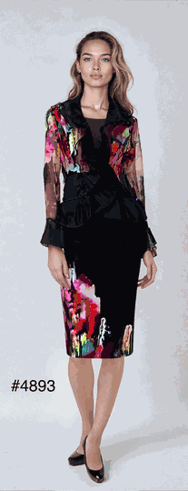Tally Taylor <br> (2025) <br> TT4893 <br> <br> Black <br> 8 10 12 14 16 18 20 22 24<BR><BR>3pc Elegant Organza Suit, Ruffle Trim w/Graceful Watercolor Influenced Accents