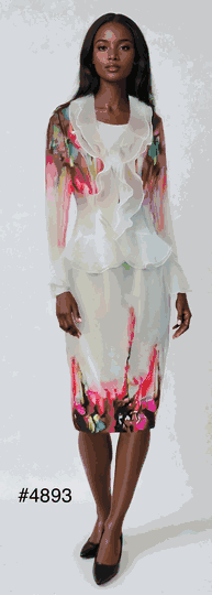 Tally Taylor <br> (2025) <br> TT4893 <br> <br> White <br> 8 10 12 14 16 18 20 22 24<BR><BR>3pc Elegant Organza Suit, Ruffle Trim w/Graceful Watercolor Influenced Accents