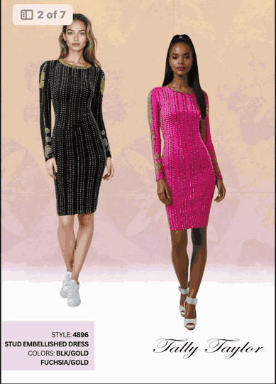 Tally Taylor <br> (2025) <br> TT4896 <br> <br> Black/Gold  <br>  Fuchsia/Gold <br> 8 10 12 14 16 18 20 22 24<BR><BR>Stud Embellished Dress