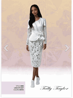 Tally Taylor <br> (2025) <br> TT4995 <br> <br> White <br> 8 10 12 14 16 18 20 22 24<BR><BR>Peplum Church Dress w/Lace, Sheer Embroidered Lace Sleeves, Floral Cutout Detailing, Dramatic Bow Accent