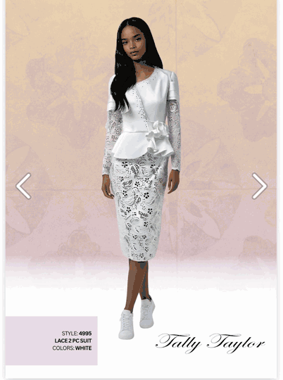 Tally Taylor <br> (2025) <br> TT4995 <br> <br> White <br> 8 10 12 14 16 18 20 22 24<BR><BR>Peplum Church Dress w/Lace, Sheer Embroidered Lace Sleeves, Floral Cutout Detailing, Dramatic Bow Accent