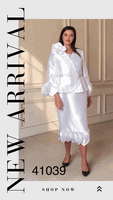 Tally Taylor <br> (2026) <br> TT41039 <br> <br> White <br> 8 10 12 14 16 18 20 22<BR><BR>Elegant Dress & Jacket Set with w/Floral Brooch, Peplum Jacket & Soft Ruffle Hem