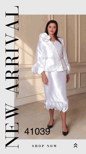 Tally Taylor <br> (2026) <br> TT41039 <br> <br> White <br> 8 10 12 14 16 18 20 22<BR><BR>Elegant Dress & Jacket Set with w/Floral Brooch, Peplum Jacket & Soft Ruffle Hem