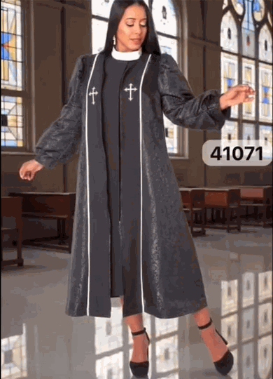 Tally Taylor <br> (2026) <br> TT41071-Bl <br> <br> Black <br> 6 8 10 12 14 16 18 <br> 16w 18w 20w 22w 24w 26w<BR><BR>Two-Piece Brocade Clergy Robe W/Structured Inner Dress & Richly Textured Outer Robe w/Cross Detailing