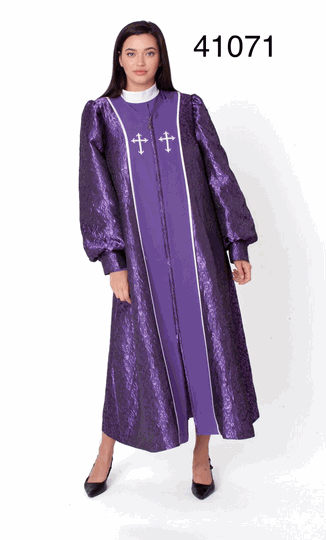 Tally Taylor <br> (2026) <br> TT41071-Pu <br> <br> Purple <br> 6 8 10 12 14 16 18 <br> 16w 18w 20w 22w 24w 26w<BR><BR>Two-Piece Brocade Clergy Robe W/Structured Inner Dress & Richly Textured Outer Robe w/Cross Detailing