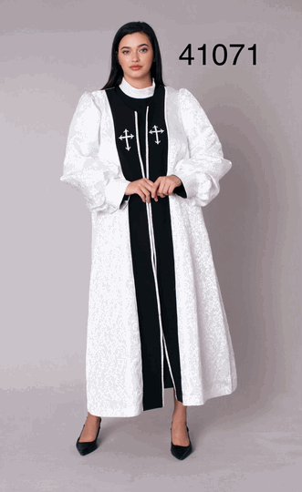 Tally Taylor <br> (2026) <br> TT41071-Wh <br> <br> White <br> 6 8 10 12 14 16 18 <br> 16w 18w 20w 22w 24w 26w<BR><BR>Two-Piece Brocade Clergy Robe W/Structured Inner Dress & Richly Textured Outer Robe w/Cross Detailing