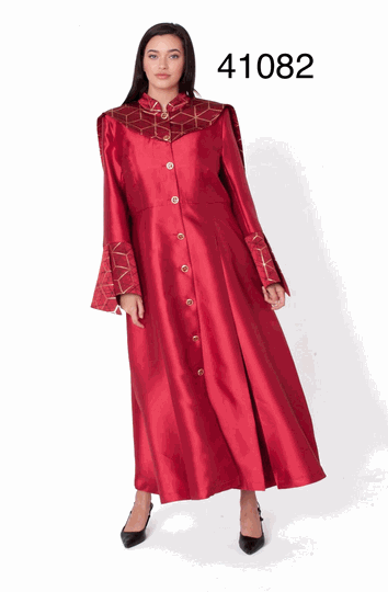 Tally Taylor <br> (2026) <br> TT41082-Re <br> <br> Red <br> 6 8 10 12 14 16 18 <br> 16w 18w 20w 22w 24w 26w<BR><BR>Geometric Yoke Clergy Robe w/Gold Button Front And Flared Cuff Sleeves