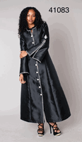 Tally Taylor <br> (2026) <br> TT41083-Bl <br> <br> Black <br> 6 8 10 12 14 16 18 <br> 16w 18w 20w 22w 24w 26w<BR><BR>Rhinestone Trim Cross Clergy Robe Rhinestone Trim, Button-front Closure w/Embroidered Cross Sleeve Accents, Full-length A-line Silhouette & Flared Sleeves